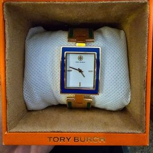 TORY BURCH BUDDY BANGLE WATCH, GOLD-TONE/MULTI-COLOR/CREAM, 26 X 32 MM